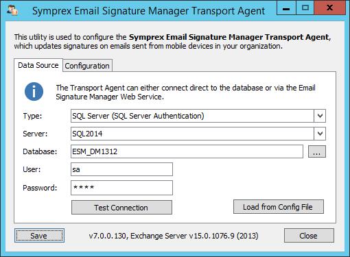 Deployment 3 1. Specify the connection to the Email Signature Manager database.. Configure the various settings for the Transport Agent.