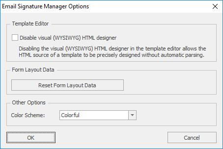 The following settings can be modified: Disable visual (WYSIWYG) HTML designer: Disables the visual HTML designer when editing templates and forces the use of the Source view in the template editor.