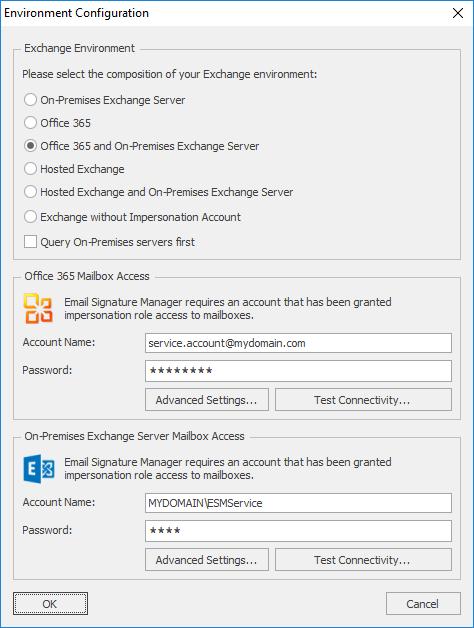 The Environment Configuration dialog is used to tell Email Signature Manager how your Exchange environment is configured and the service accounts to use to access mailboxes.