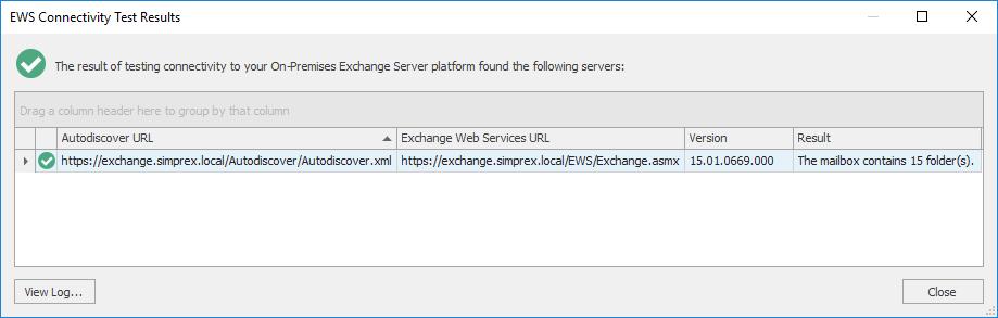 This dialog is used to test connectivity to your organization's Exchange Web Services platform.
