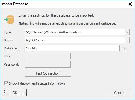 When the configuration for connecting to the new settings database has been completed, click the OK button.