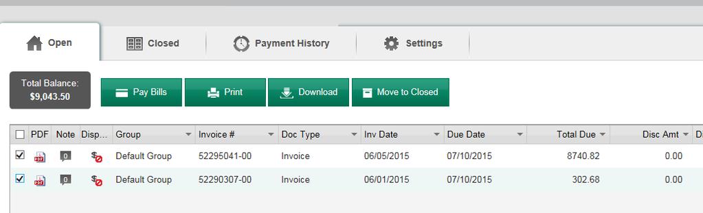 Once information for the bank account has been added (first payment only) and invoices checked off all paid invoices will appear.