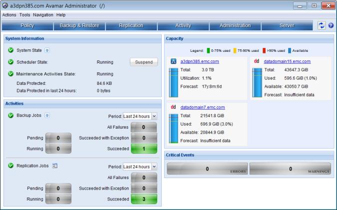 Monitoring and Reporting Monitoring the system with the Avamar Administrator Dashboard The Avamar Administrator dashboard provides summary information for the Avamar server and any configured Data