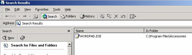 PAGE 69 - ECDL MODULE 2 (USING WINDOWS 2000) - MANUAL In the Search for files or folders named: section, enter the name of the file which you wish to locate. In this example we have entered WORDPAD.