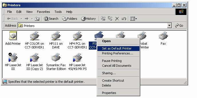 PAGE 81 - ECDL MODULE 2 (USING WINDOWS 2000) - MANUAL Select the Set as Default Printer command. The new printer will now be the default printer for all your applications.