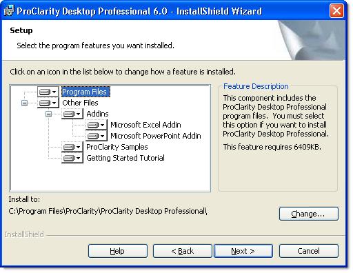 Installing ProClarity Desktop Professional 105 Figure 46. The Custom Setup screen 7 To accept the default installation options, click Next on the Custom Setup screen.