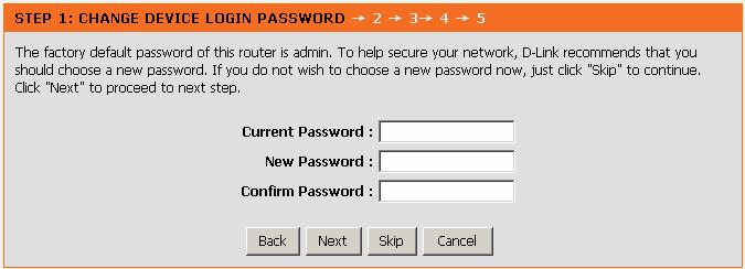 There are four steps to configure the device. Click Next to continue. Change the password for logging in to the device. The default password is admin.