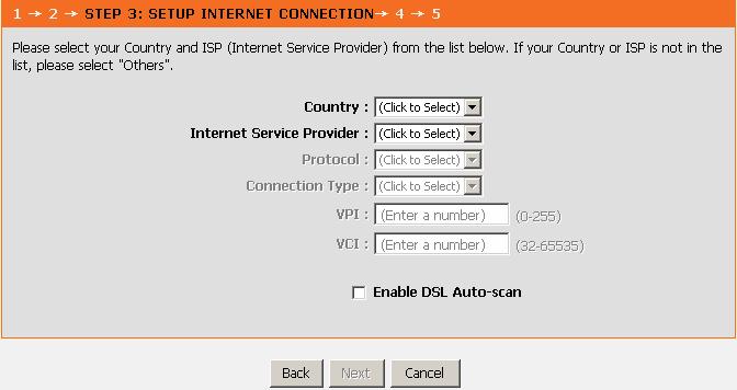 Select the country and ISP. Set the VPI and VCI.