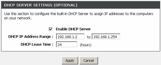 By default, Enable DHCP Server is selected for the Ethernet LAN interface of the device.