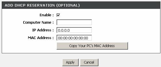 Click Apply to save the settings. In the Local Network page, you can assign IP addresses on the LAN to specific individual computers based on their MAC addresses.