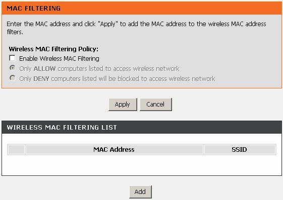 MAC Filtering Select MAC Filtering. The page shown in the right figure appears. Click Add.