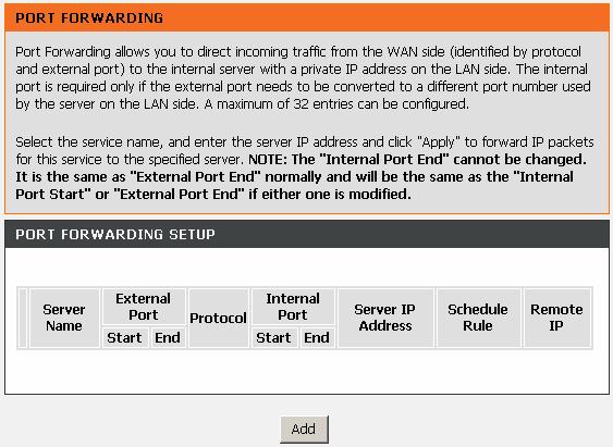 Port Forwarding This function is used to open ports in your device and re-direct data through these ports to a single PC in your network (WAN-to-LAN traffic).