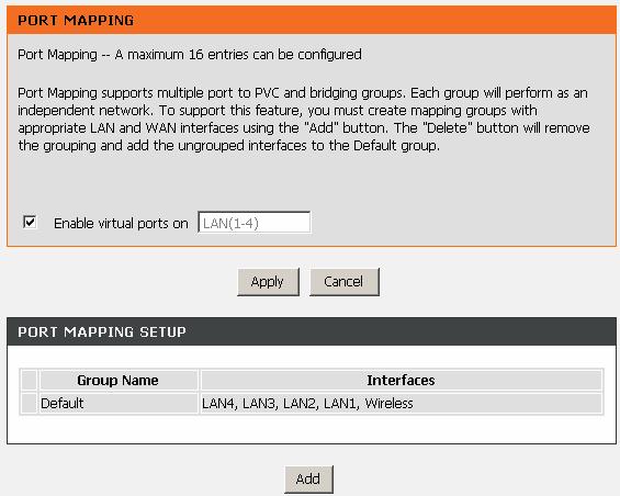 In this page, you can bind the WAN interface and the LAN interface to the same group.