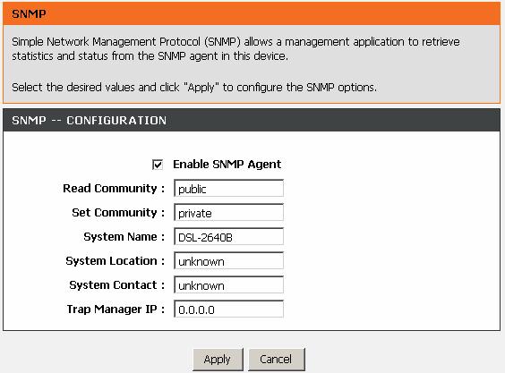 SNMP Choose ADVANCED > Network Tools and click SNMP. The page shown in the right figure appears. In this page, you can set SNMP parameters.