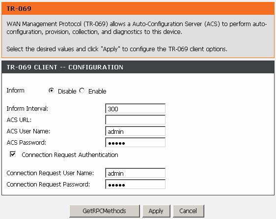 TR-069 In the NETWORK TOOLS page, click TR-069. The page as shown in the figure appears. In this page, you can configure the TR-069 CPE. The table describes the parameters in this page.