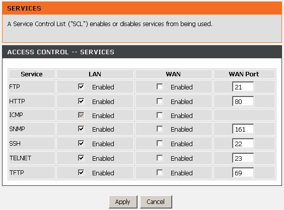 Services In the ACCESS CONTROLS page, click Services. The page as shown in the figure appears. In this page, you can enable or disable the services that are used by the remote host.