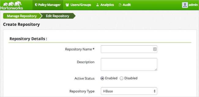 3. Next to HBase, click the + (plus symbol). The Create Repository page displays. 4. Complete the Repository Details with the following information: Table 4.10.