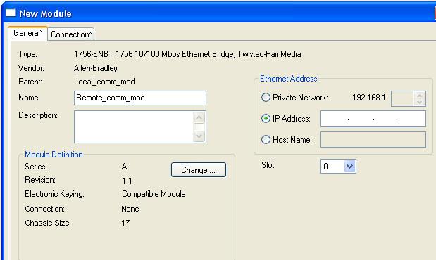 Communicate with PanelView Terminals Chapter 7 4. Configure your new module. In the Name field, type the name of your module. In the IP Address field, type the module IP address.