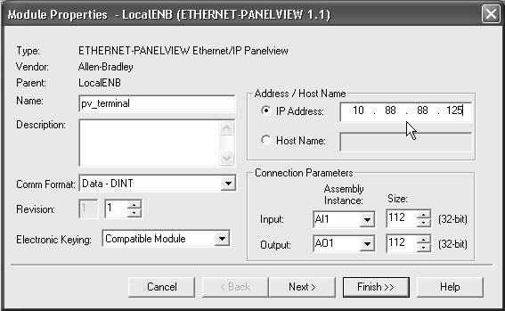 From the Electronic Keying pull-down menu, choose Disable Keying. In the IP Address field, type the IP address. In the Input and Output fields, type the connection parameters.