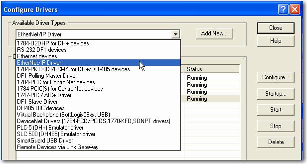 From the Available Driver Types pull-down menu, choose EtherNet/IP Driver or Ethernet