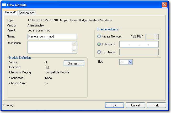 Chapter 5 Interlocking and Data Transfer between Controllers 4. Configure your new module. In the Name field, type the name of your module. In the IP Address field, type the module IP address.