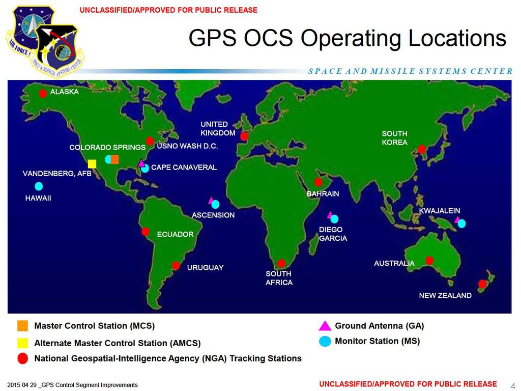GPS OCS Operating Locations Master Control Station (MCS) Alternate Master Control Station (AMCS) National Geospatial-lntelligence Agency (NGA)