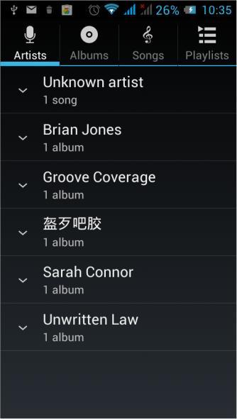 At the top of the screen, the artist, album, songs and playlists four ICONS respectively all the audio files