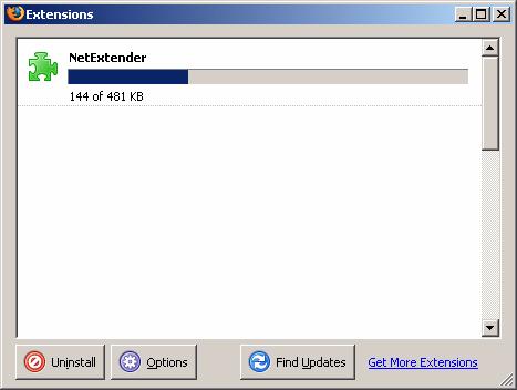 Using NetExtender Step 7 NetExtender is installed as a Firefox extension.
