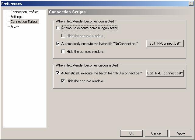 Using NetExtender Configuring NetExtender Connection Scripts SonicWALL SSL-VPN release 2.0 provides users with the ability to run batch file scripts when NetExtender connects and disconnects.