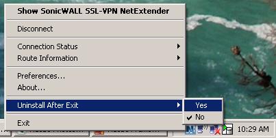 Instruct NetExtender to Uninstall After Exit To have NetExtender automatically uninstall when you exit your NetExtender session, right click on the NetExtender icon, select Uninstall After Exit, and