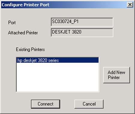 11. The Configure Printer Port screen will appear, as shown in Figure 5-10. Your installed printer will appear in the field. Click the Connect button to connect the printer for configuration.