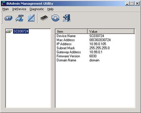 The Bi-Admin Management Utility The Bi-Admin Management Utility screen will appear next. Any hardware found on the network will appear on the left-hand side of the screen, as shown in Figure 8-9.