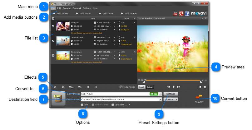 Movavi Video Converter Interface The main Movavi Video Converter window consists of the following elements: Main menu The main program menu contains various options and settings, most of which are