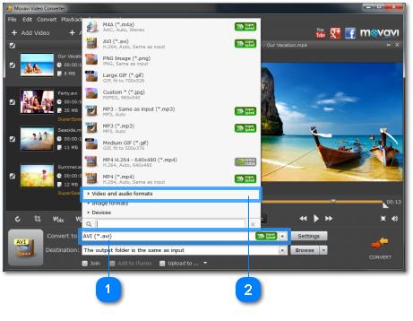 Converting Media Files 1. Add media files. Use the buttons at the top of the window to add media files: you can add video, audio, images, and entire DVDs. 2. Choose an output format.
