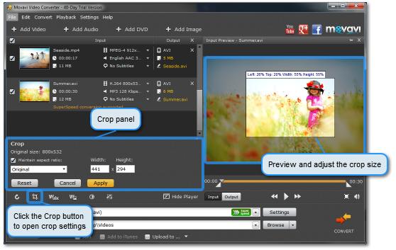 Cropping Video 1. Add the files you want to crop. Select a file from the list. You can select more than one video if you want to crop several videos in the same way. 2. Click the Crop button frame.