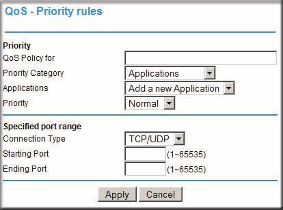 2. Click Add Priority Rule. The QoS Priority Rules screen displays. Figure 4-5 3. In the Priority Category list, select either Applications or Online Gaming.