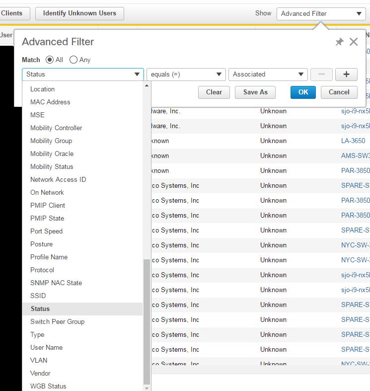 You can configure a series of filter rules to see specific clients by using the Advanced Filter feature.