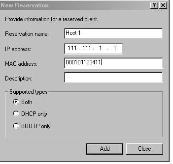 c In the New Reservation window, specify a name, IP address, and the MAC address for one of the hosts. Do not include the colon (:) in the MAC address.