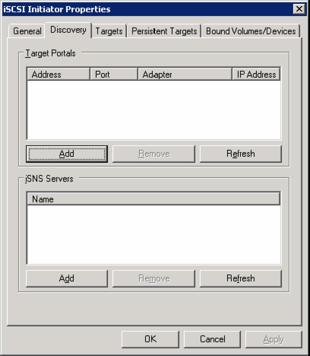 4. In the Microsoft Hyper-V failover cluster server, click the Discovery tab and the iscsi Initiator