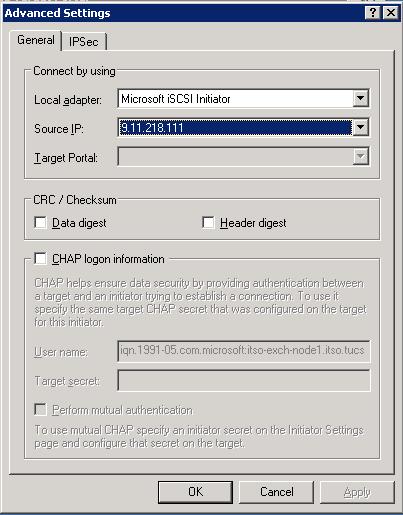 6. In the Advanced Settings window (Figure 11), select Microsoft iscsi Initiator as the local adapter and then select one of the IP addresses as the source IP.