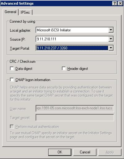 11.In the Advanced Settings window (Figure 15), select Microsoft iscsi Initiator as the local adapter, select the first IP address as the source IP, and select the proper target portal s combination