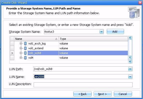 6. On the provide a path and name window (Figure 30), enter the system storage IP and select the volume previously created.