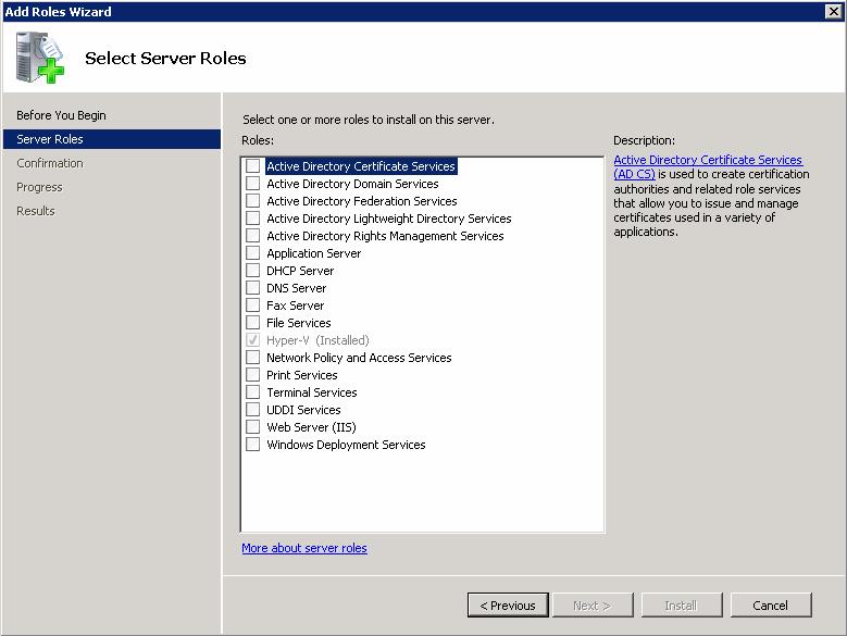 3. On the Select Server Roles page, click Hyper-V (Figure 39). Figure 39 Select Server Roles window 4.