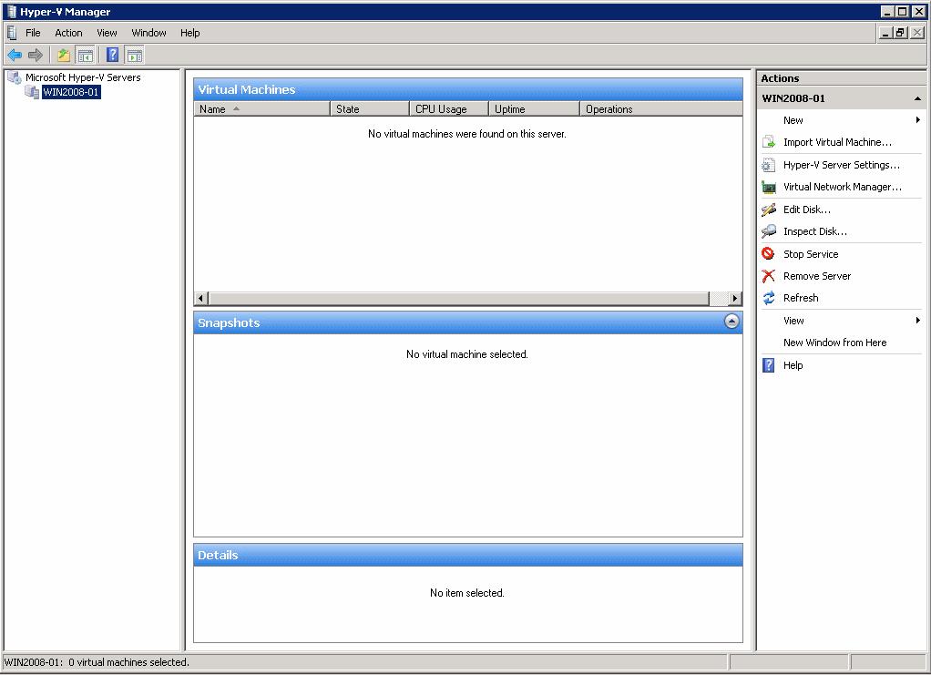 To create a virtual machine 1. Open Hyper-V Manager. Click Start Administrative Tools Hyper-V Manager (Figure 42). Figure 42 Hyper-V manager window 2.