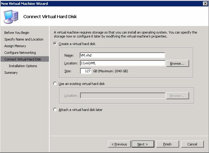 8. On the Connect Virtual Hard Disk page (Figure 47), click Create a virtual hard disk. If you want to change the name, type a new a name for the virtual hard disk.