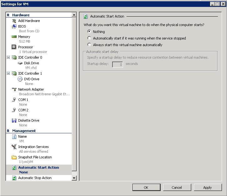 Reconfigure automatic start action for the virtual machine Automatic actions let you automatically manage the state of the virtual machine when the Hyper-V Virtual Machine Management service starts