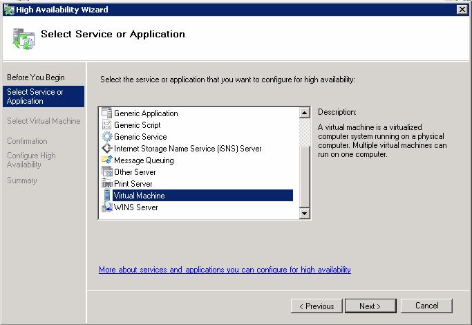 4. On the Select Service or Application page, select Virtual Machine from the list and then click Next.