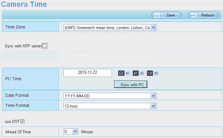 Time Zone: Select the time zone for your region from the dropdown menu. Sync with NTP server: Network Time Protocol will synchronize your camera with an Internet time server.