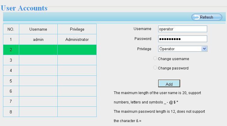 password and the new password, lastly click modify to take effect. How to add account?