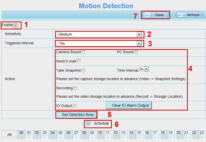 To enable motion detection, follow the steps below: Step 01: Enable Motion detection Step 02: Sensitivity---- It supports three modes: Low, Middle and High.